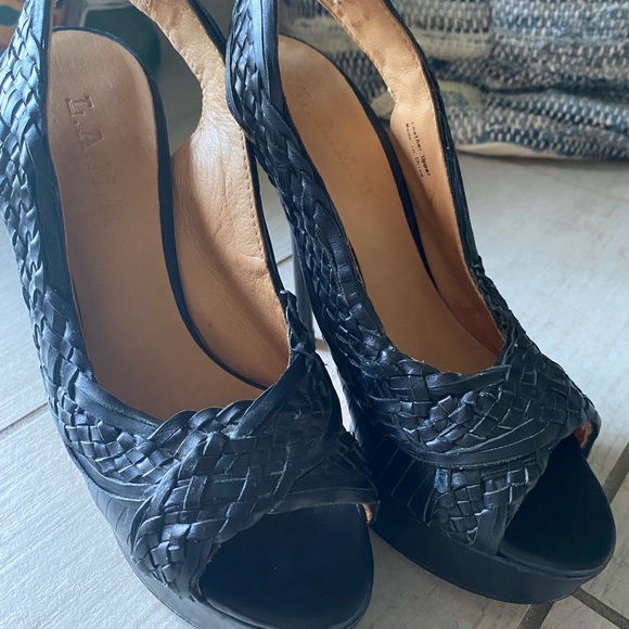 L.A.M.B. Slingback, open toe, leather stiletto size 7M black 6” heels 1” platfor - Picture 5 of 11